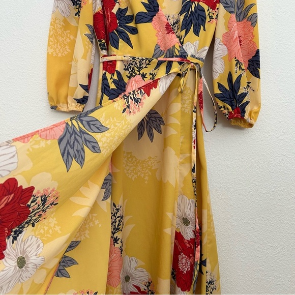 Eliza J Wrap Midi Dress Floral Puff Sleeve Fall Yellow Red Blue Size 2P Petite - Picture 7 of 14